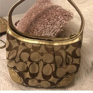 Coach Ergo Signature Logo Jacquard tan & Gold Leather Hobo Handbag Style 12227